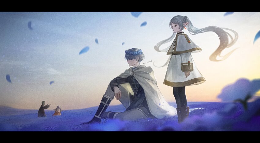 1girl 3boys absurdres anna_(drw01) artist_name black_pantyhose blue_flower blue_hair cape capelet earrings eisen_(sousou_no_frieren) elf fake_horns field floating_earring flower flower_field frieren glasses gradient_sky green_eyes green_hair grey_hair head_wreath heiter helmet highres himmel_(sousou_no_frieren) horned_helmet horns jewelry multiple_boys pantyhose petals pointy_ears sitting sky sousou_no_frieren standing twintails white_cape white_capelet