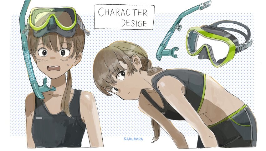 1girl artist_name bent_over black_hair blonde_hair character_sheet choppy_bangs commentary cropped_arms cropped_legs cropped_torso diving_mask english_text engrish_text goggles low_ponytail original ponytail ranguage romaji_text sakurada_kayoko sidelocks simple_background snorkel sweatdrop swimsuit wavy_mouth