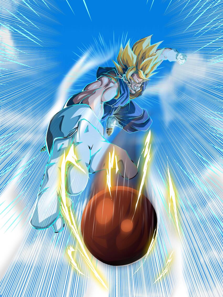 1boy absurdres angry blonde_hair blue_eyes blue_pants blue_shirt blue_sky boots candy card_(medium) charging_forward chocolate clenched_hand clenched_teeth codyaka99 commentary day dougi dragon_ball dragon_ball_z_dokkan_battle dragonball_z earrings electricity emphasis_lines english_commentary food gloves highres incoming_attack jewelry male_focus motion_blur motion_lines muscular muscular_male orange_shirt outdoors pants potara_earrings shirt sky solo speed_lines spiked_hair super_saiyan super_saiyan_1 teeth v-shaped_eyebrows vegetto white_footwear white_gloves