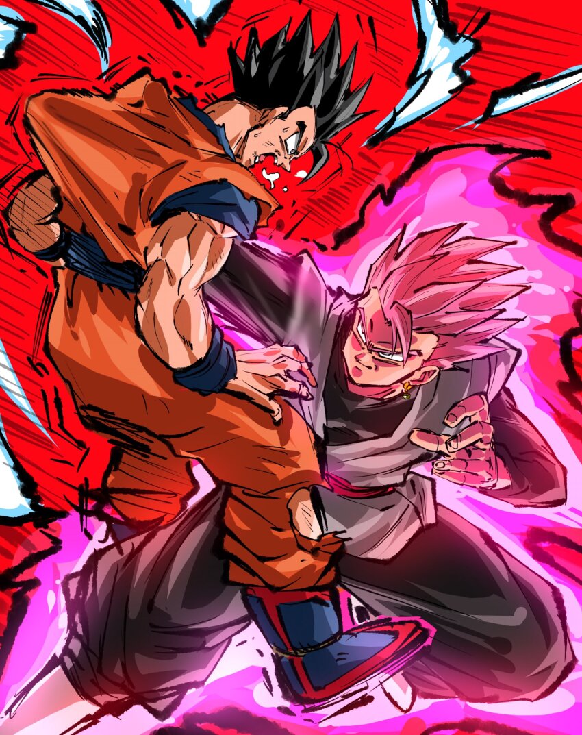 2boys aura battle black_hair black_pants black_shirt blue_sash blue_shirt dougi dragon_ball dragon_ball:_sparking! dragon_ball_super earrings gohan_black goku_black grey_tunic highres jewelry male_focus multiple_boys orange_pants orange_shirt pants pink_hair potara_earrings potential_unleashed punching red_background rz28kp sash shirt short_hair single_earring son_gohan spiked_hair super_saiyan super_saiyan_rose tunic