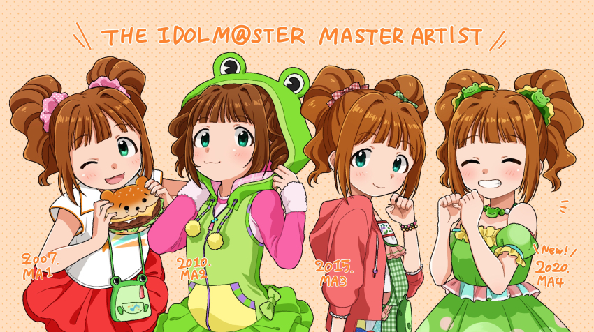 1girl :3 ;) animal_bag animal_hood aqua_eyes bag bead_bracelet beads blunt_bangs bow bracelet brown_hair burger closed_eyes closed_mouth dress food frog_hood green_dress green_hoodie green_overalls hair_bow hair_ornament hair_scrunchie handbag highres holding holding_burger holding_food hood hood_down hood_up hoodie idolmaster idolmaster_(classic) jewelry looking_at_viewer medium_hair multiple_views naruse_ill necklace one_eye_closed open_clothes open_hoodie open_mouth overalls polka_dot polka_dot_background red_hoodie red_skirt scrunchie shirt short_sleeves skirt smile takatsuki_yayoi teeth twintails upper_body white_shirt