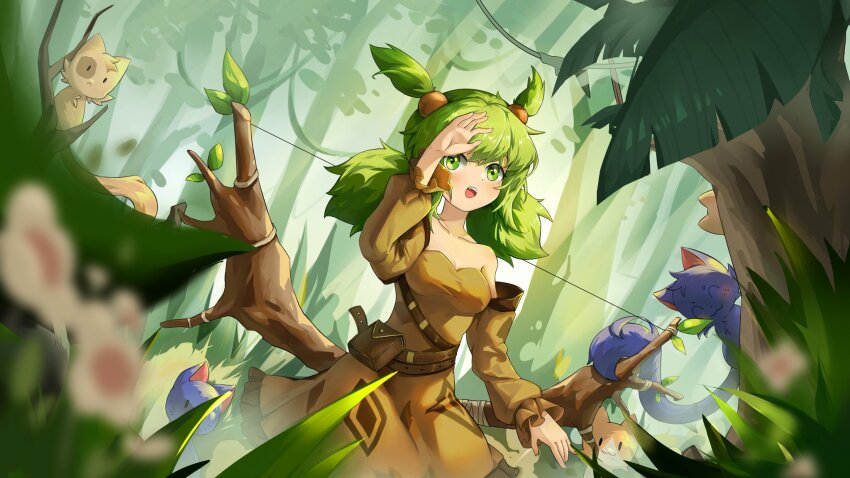 1girl animal anna_(epic_battle_fantasy) belt_pouch bow breasts brown_dress brown_sleeves cat chinese_commentary detached_sleeves dress epic_battle_fantasy flower forest frost_cedar green_eyes green_hair hair_bobbles hair_ornament hand_up highres long_sleeves medium_breasts nature open_mouth pouch tree twintails