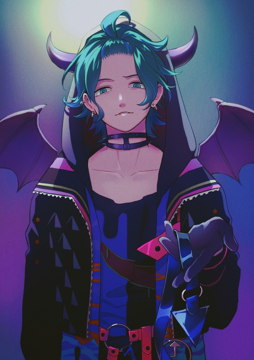 1boy bangs_pinned_back beckoning black_jacket blue_hair choker collarbone demon_boy demon_horns demon_tail demon_wings earrings from_argonavis green_eyes green_hair hand_up highres himishiro holding hood hood_up horns jacket jewelry long_sleeves looking_at_viewer male_focus multicolored_background multicolored_hair multiple_earrings nijou_kanata open_clothes open_jacket parted_lips print_shirt purple_wings reaching reaching_towards_viewer shirt short_hair solo streaked_hair tail unzipped upper_body wings