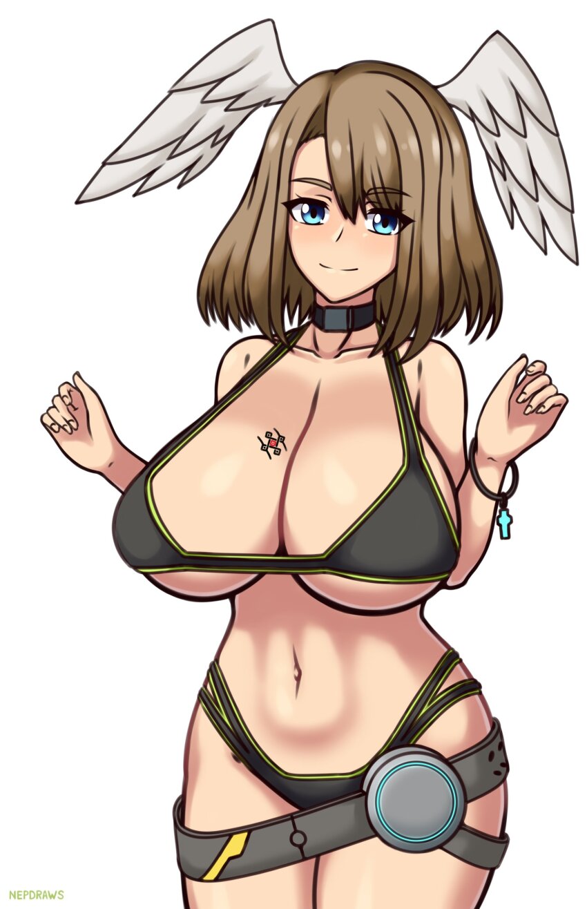 1girl absurdres alternate_breast_size blue_eyes breast_tattoo breasts brown_hair eunie_(xenoblade) head_wings highres huge_breasts light_blush nails navel nepdraws smile swimsuit tattoo tattoobelt white_background wings xenoblade_chronicles_(series) xenoblade_chronicles_3