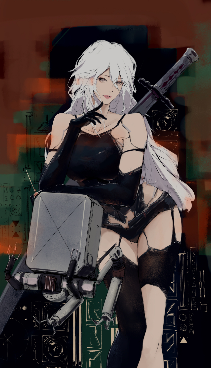 1girl a2_(nier:automata) android blue_eyes finger_to_mouth leaning_forward lips long_hair looking_at_viewer nier:automata nier_(series) robot shorts sword weapon white_hair