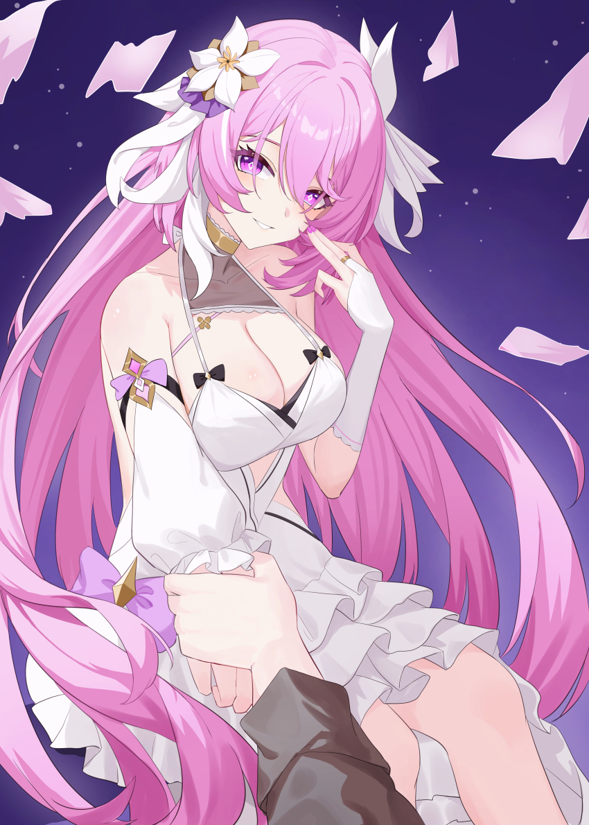 1girl 1other absurdres alternate_costume bare_shoulders blush bow breasts bridal_gauntlets bright_pupils chinese_commentary cleavage collarbone commentary_request detached_sleeves diamond-shaped_pupils diamond_(shape) dress elysia_(herrscher_of_human:_ego)_(honkai_impact) elysia_(honkai_impact) flower hair_between_eyes hair_flower hair_ornament hair_ribbon halterneck hand_up highres honkai_(series) honkai_impact_3rd lao_xi large_breasts long_hair looking_at_viewer multicolored_hair nail_polish parted_lips pink_bow pink_eyes pink_hair pink_nails pov pov_hands purple_eyes ribbon shards sidelocks single_bridal_gauntlet single_detached_sleeve smile solo_focus streaked_hair symbol-shaped_pupils very_long_hair white_bridal_gauntlets white_dress white_flower white_pupils white_ribbon white_sleeves