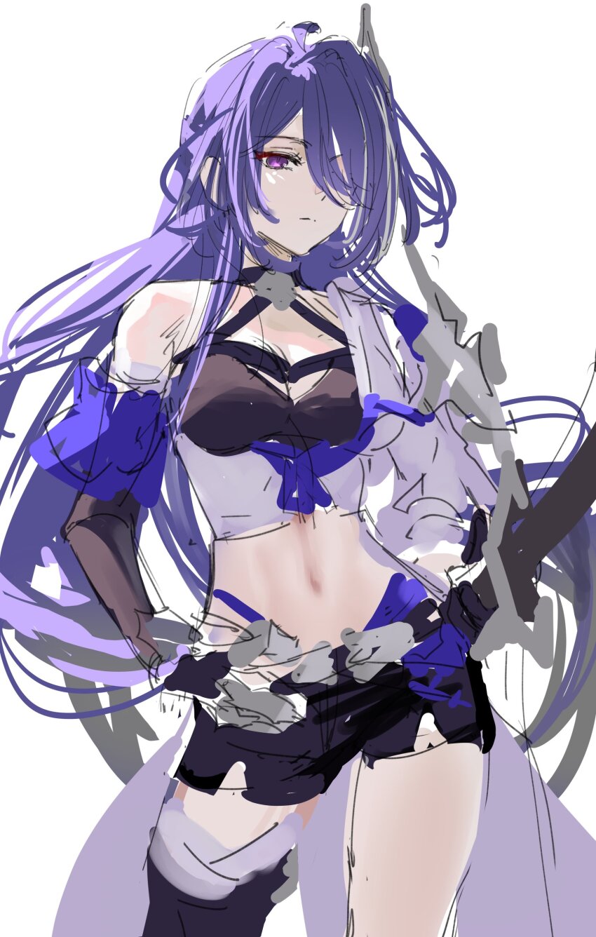 1girl absurdres acheron_(honkai:_star_rail) black_choker black_shorts choker commentary_request cowboy_shot crop_top elbow_gloves gloves hair_ornament highres honkai:_star_rail honkai_(series) long_hair looking_at_viewer midriff navel purple_eyes purple_hair rity short_shorts shorts simple_background single_bare_shoulder sketch solo standing thighs unfinished very_long_hair white_background