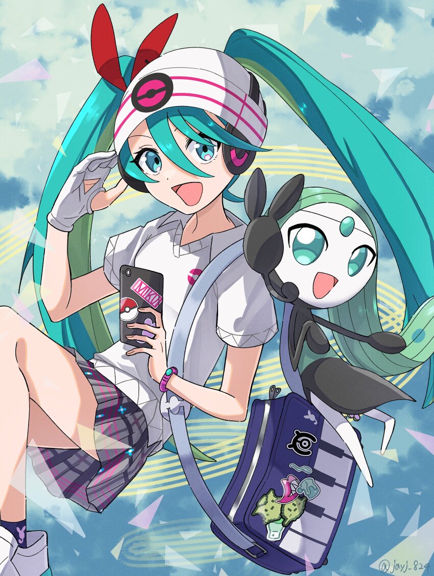 1girl absurdres beanie bracelet cellphone collared_shirt commentary creatures_(company) crossover eyelashes game_freak gen_5_pokemon gloves green_eyes green_hair hair_between_eyes hand_up hat hatsune_miku headphones highres holding holding_phone jayj_824 jewelry legendary_pokemon long_hair meloetta mythical_pokemon nintendo partially_fingerless_gloves phone plaid_clothes plaid_skirt poke_ball_print pokemon pokemon_(creature) project_voltage psychic_miku_(project_voltage) shirt shoes short_sleeves single_glove skirt socks twintails vocaloid white_footwear white_headwear