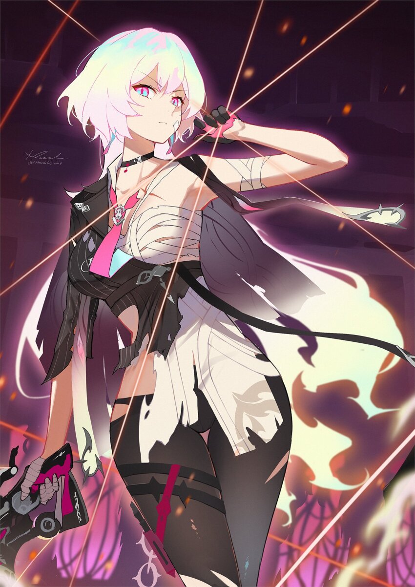 bandage_on_face bandages bow_(weapon) crossbow gloves glowing glowing_eyes glowing_hair highres honkai_(series) honkai_impact_3rd lantern_(honkai_impact) mush_(mushlicious) necktie no_panties pantyhose shirt signature torn_clothes torn_pantyhose weapon white_shirt