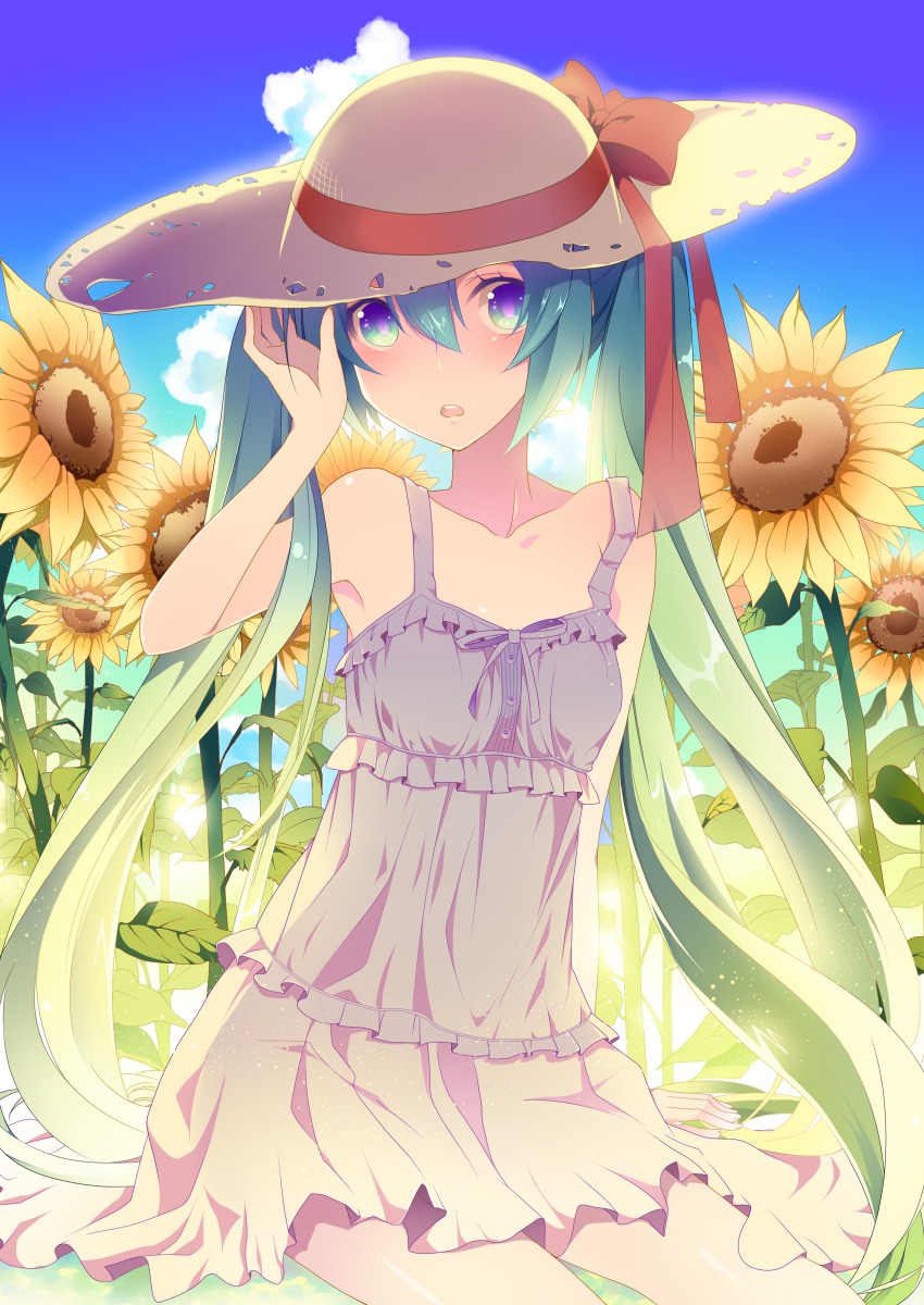 1girl :o absurdres aqua_eyes aqua_hair bad_id bad_pixiv_id bare_arms cloud day dress female_focus field flower flower_field frilled_dress frills hat hat_ribbon hatsune_miku highres long_hair looking_at_viewer outdoors ribbon sitting sky sleeveless sleeveless_dress solo straw_hat summer sundress sunflower sunflower_field temari_(deae) twintails very_long_hair vocaloid