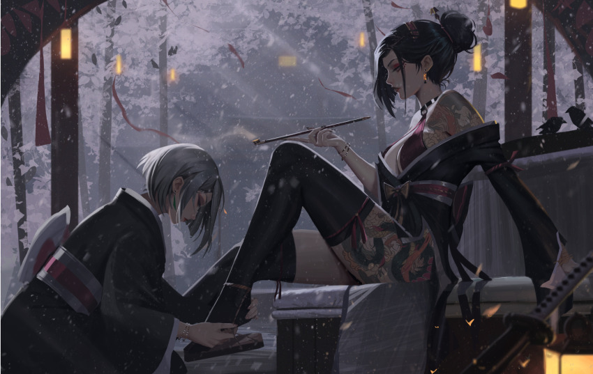 2girls back_bow bare_shoulders bird black_hair black_kimono black_thighhighs bow bra breasts chest_tattoo cleavage commentary crow dragon_tattoo dressing_another earrings eyeshadow foliage grey_hair hair_bun hair_ornament hairband hairpin hand_on_bench highres holding holding_another&#039;s_foot holding_smoking_pipe japanese_clothes jewelry katana kimono kneeling lantern leg_tattoo looking_at_another makeup medium_hair multiple_girls neo_(neorarty3) o-ring o-ring_top obi okobo on_bench open_clothes open_kimono original outdoors platform_footwear profile red_bra red_eyeshadow red_hairband red_lips sandals sash shoulder_tattoo silver_bracelet single_hair_bun sitting smoking_pipe snow snowing stomach_tattoo sword tattoo tattoo_sleeve thighhighs tree underwear weapon