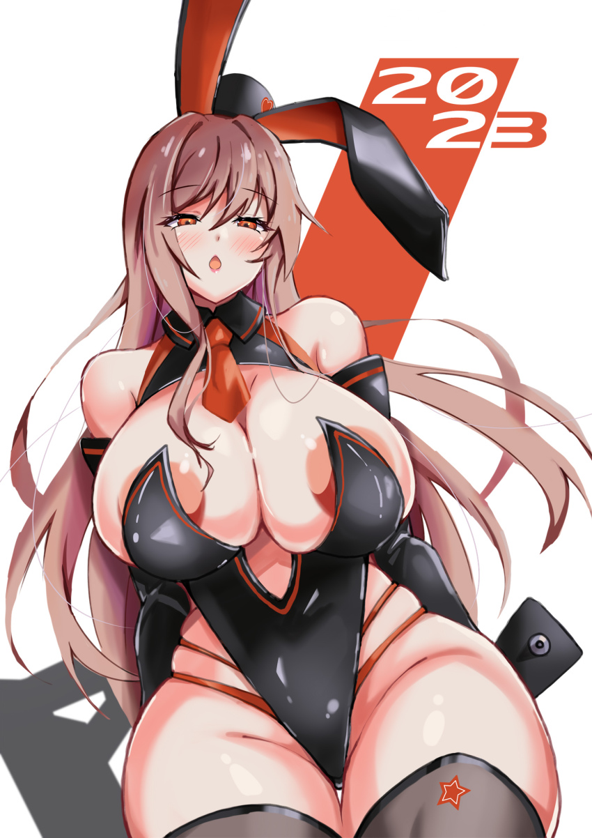 1girl 2023 :o animal_ears black_gloves black_leotard black_thighhighs blush breasts brown_hair cleavage detached_collar elbow_gloves fake_animal_ears gloves goddess_of_victory:_nikke highleg highleg_leotard highres huge_breasts leotard long_hair necktie oguwooo open_mouth orange_eyes playboy_bunny rabbit_ears rapi_(nikke) red_necktie short_necktie sitting skindentation solo strapless strapless_leotard thigh_gap thighhighs