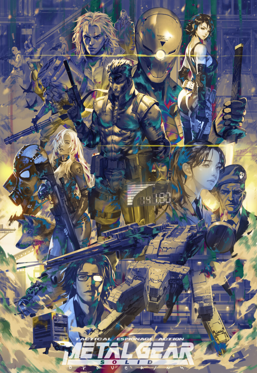 3girls 6+boys abs aircraft artist_name assault_rifle balaclava bandana belt belt_pouch beret black_choker black_tank_top blood blood_in_hair blue_headband box braveking breasts cardboard_box choker cleavage coat codec_call collared_shirt commentary copyright_name cyborg english_commentary fingerless_gloves gas_mask gatling_gun glasses gloves gray_fox gun hair_over_one_eye hal_emmerich handgun hat headband helicopter high_collar highres holding holding_gun holding_weapon lab_coat large_breasts liquid_snake long_hair mask mei_ling meryl_silverburgh metal_gear_(series) metal_gear_rex metal_gear_solid military_uniform minigun multiple_boys multiple_girls muscular muscular_male necktie ninja one-eyed oni_mask pants parted_bangs pectorals ponytail pouch psycho_mantis revolver_ocelot rifle roy_campbell scar shirt short_hair sideboob snake_box_sneak sneaking_suit sniper_rifle sniper_wolf solid_snake standing suppressor sword tank_top thigh_strap utility_belt vulcan_raven weapon wolf