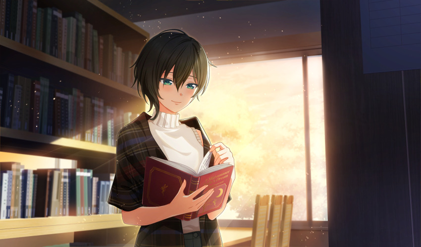 1girl black_hair black_jacket book bookshelf cinderella_series closed_mouth film_grain game_cg green_eyes grey_pants hachigatsu_no_cinderella_nine highres holding holding_book indoors jacket library looking_at_object non-web_source official_art pants plaid_clothes plaid_jacket shirt short_hair short_sleeves smile solo tsukumo_kana upper_body white_shirt window