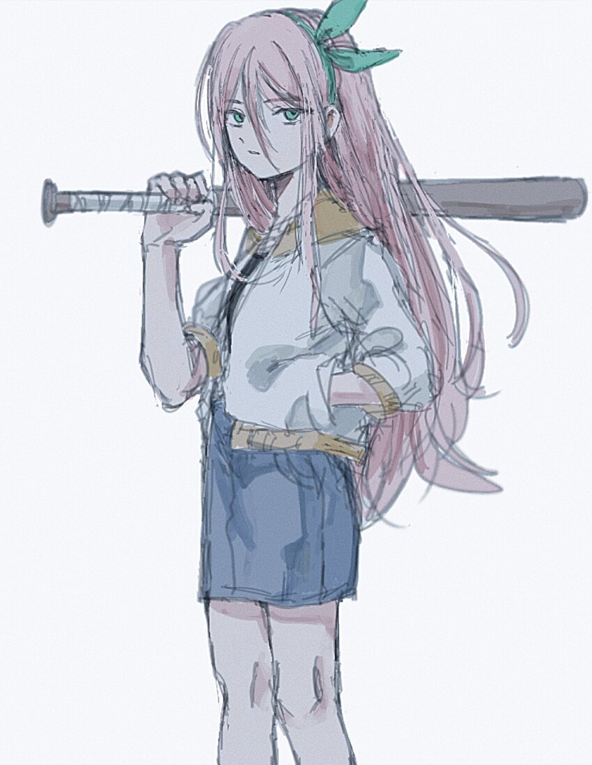 1girl aubrey_(faraway)_(omori) aubrey_(omori) baseball_bat blue_skirt denim denim_skirt green_eyes green_hairband hairband hand_in_pocket highres holding holding_baseball_bat jacket long_hair looking_at_viewer omori pink_hair sawaki_(2d1ty) short_sleeves simple_background skirt solo white_background white_jacket