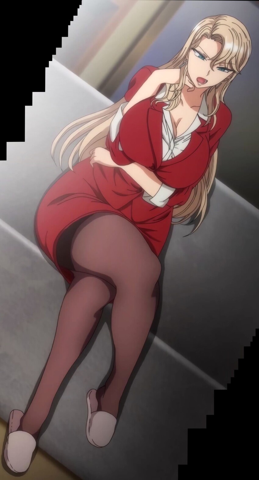 1girl absurdres blonde_hair breasts cleavage crossed_legs curvy earrings formal_clothes full_body highres huge_breasts jewelry kurashiki_reika long_hair mature_female pantyhose saimin_seishidou seishidou sitting skirt solo stitched suit third-party_edit