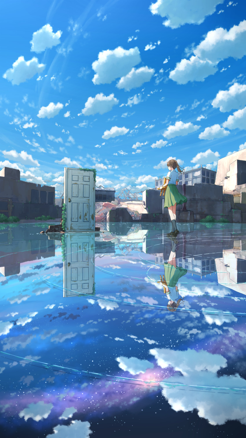 1girl anyotete black_socks blue_sky brick brown_footwear building cloud commentary_request door from_behind green_skirt highres holding_chair iwato_suzume kneehighs loafers munakata_souta outdoors overgrown reflection reflective_floor ruins scenery school_uniform shirt shoes short_sleeves skirt sky socks solo standing star_(sky) starry_sky suzume_no_tojimari white_shirt wide_shot