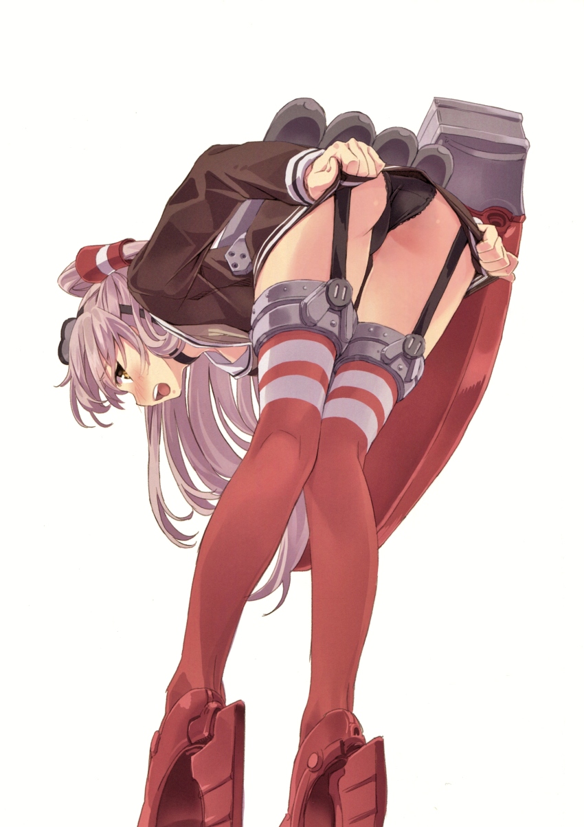 1girl absurdres amatsukaze_(kancolle) ass black_panties blush brown_eyes dutch_angle from_behind full_body garter_straps hair_ornament highres kantai_collection long_hair long_sleeves looking_at_viewer looking_back open_mouth panties red_thighhighs scan simple_background solo striped thighhighs thighs two_side_up underwear white_background yahako