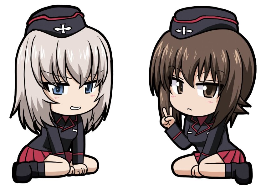 2girls black_hat black_jacket blue_eyes brown_eyes brown_hair chibi colored_skin cross evil_smile girls_und_panzer grey_hair hat itsumi_erika jacket kamishima_kanon kuromorimine_military_uniform light_blush looking_at_viewer military_hat multiple_girls nishizumi_maho red_shirt red_skirt serious shirt short_hair sitting skirt smile v white_background white_skin