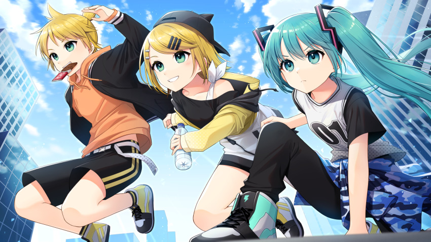 1boy 2girls belt black_headwear black_jacket black_pants black_shorts blonde_hair blue_eyes blue_hair blue_sky bottle candy chocolate chocolate_bar closed_mouth day food green_eyes grin hair_ornament hairclip hat hatsune_miku holding holding_bottle hood hood_down hoodie jacket jersey kagamine_len kagamine_rin konogi_nogi mouth_hold multiple_girls open_clothes open_jacket orange_hoodie outdoors pants shirt shoes shorts sky smile topknot twintails vocaloid water_bottle white_belt white_shirt