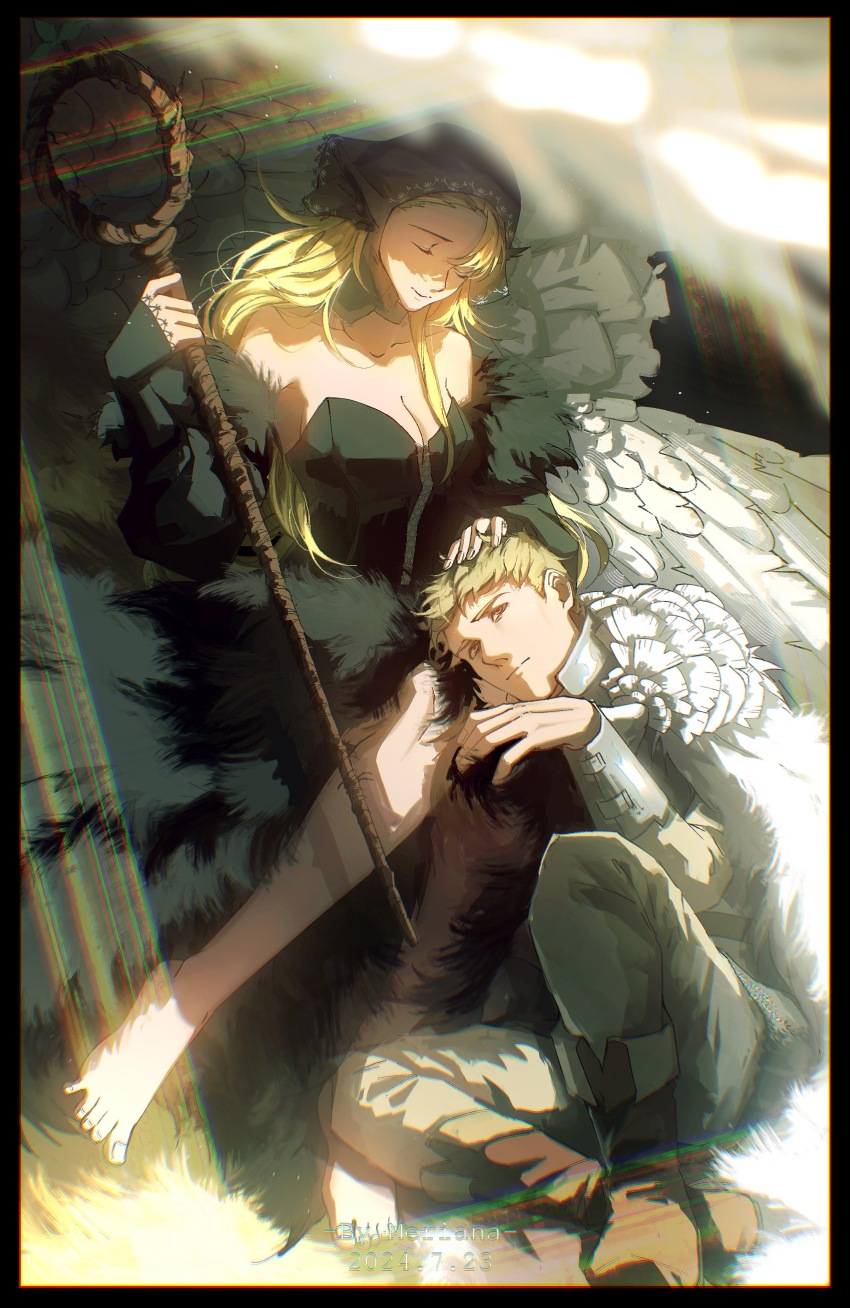 1boy 1girl absurdres ambrosia_(dungeon_meshi) bare_shoulders barefoot bird_wings black_border black_dress blonde_hair border breasts cleavage closed_eyes collarbone crossed_ankles detached_sleeves dress dungeon_meshi expressionless feathered_wings feathers from_above fur-trimmed_dress fur-trimmed_sleeves fur_trim grey_pants hand_on_another&#039;s_head headscarf highres holding holding_staff lace-trimmed_sleeves lace_trim laios_touden laios_touden_(chimera) lap_pillow long_hair looking_at_viewer marcille_donato marcille_donato_(lord) merianaka pants procreate_(medium) short_hair sitting sleeves_past_wrists staff strapless strapless_dress swept_bangs white_wings wings yellow_eyes