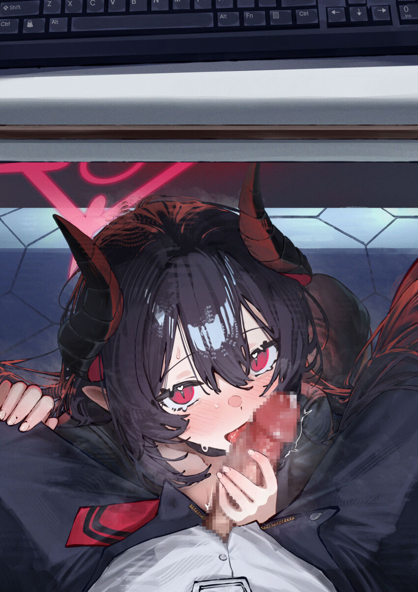 1boy 1girl bad_id bad_pixiv_id betabeet black_hair black_horns black_pants black_shirt blue_archive blush censored chiaki_(blue_archive) commentary computer_keyboard demon_girl demon_horns fellatio hair_between_eyes halo hetero highres horns licking licking_penis long_hair looking_at_viewer mosaic_censoring necktie oral pants penis pointy_ears pov precum red_eyes red_halo red_necktie shirt slit_pupils trembling under_table white_shirt