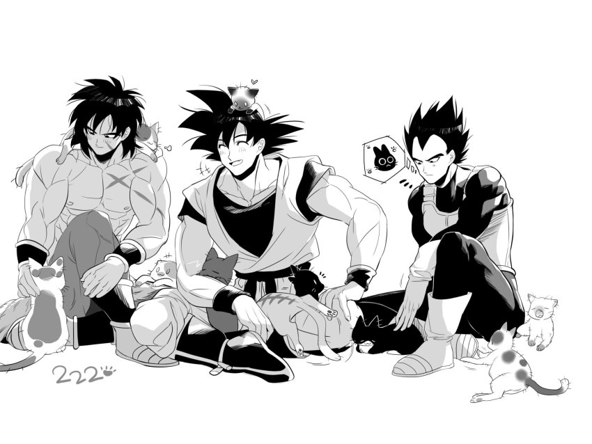 3boys ^_^ abs animal animal_on_head animal_on_lap animal_on_shoulder bare_pectorals black_eyes black_hair blush broly_(dragon_ball_super) cat cat_on_head cat_on_lap cat_on_shoulder closed_eyes crossed_legs dragon_ball dragon_ball_super dragon_ball_super_broly full_body greyscale highres male_focus monochrome multiple_boys muscular muscular_male nipples on_head on_lap pants pectorals saiyan_armor scar scar_on_chest short_hair sitting skin_tight smile son_goku speech_bubble spiked_hair tama_(dragon_ball) tarutobi thought_bubble tight_clothes tight_pants topless_male vegeta