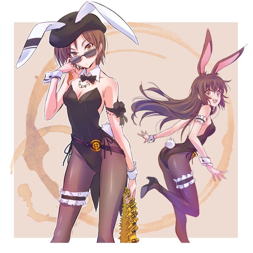 2girls :d animal_ears arm_garter ass bare_shoulders beret black_legwear bow bowtie breasts brown_eyes brown_hair brown_legwear coco_adel contrapposto detached_collar fake_animal_ears gluteal_fold hat highres iesupa jewelry bridal_garter leotard long_hair looking_at_viewer multiple_girls necklace open_mouth pantyhose playboy_bunny rabbit_ears rabbit_girl rabbit_tail rwby short_hair small_breasts smile standing standing_on_one_leg sunglasses tail velvet_scarlatina wrist_cuffs