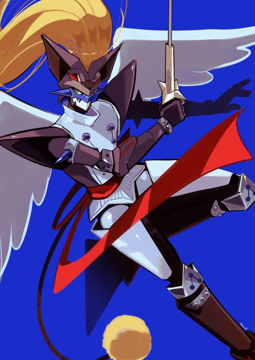 1boy absurdres blonde_hair blue_background brown_armor brown_helmet digimon digimon_(creature) duftmon green_eyes helmet highres holding holding_sword holding_weapon knnw_a long_hair simple_background solo sword weapon white_wings wings