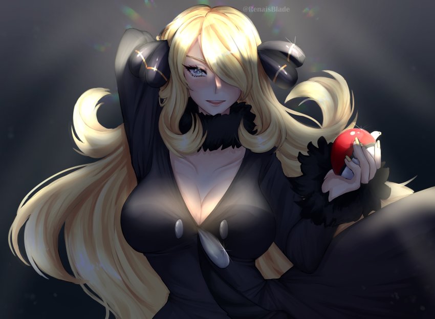 1girl absurdres arm_behind_back arm_up black_background black_dress blonde_hair blush breasts choker cleavage collarbone commentary creatures_(company) cynthia_(pokemon) dress english_commentary eyelashes fingernails fur-trimmed_choker fur-trimmed_sleeves fur_trim game_freak gradient_background grey_eyes griff hair_ornament hair_over_one_eye highres holding holding_poke_ball large_breasts lips long_hair long_sleeves looking_at_viewer nintendo open_mouth parted_lips poke_ball pokemon pokemon_dppt rainbow_gradient solo sparkle standing twitter_username