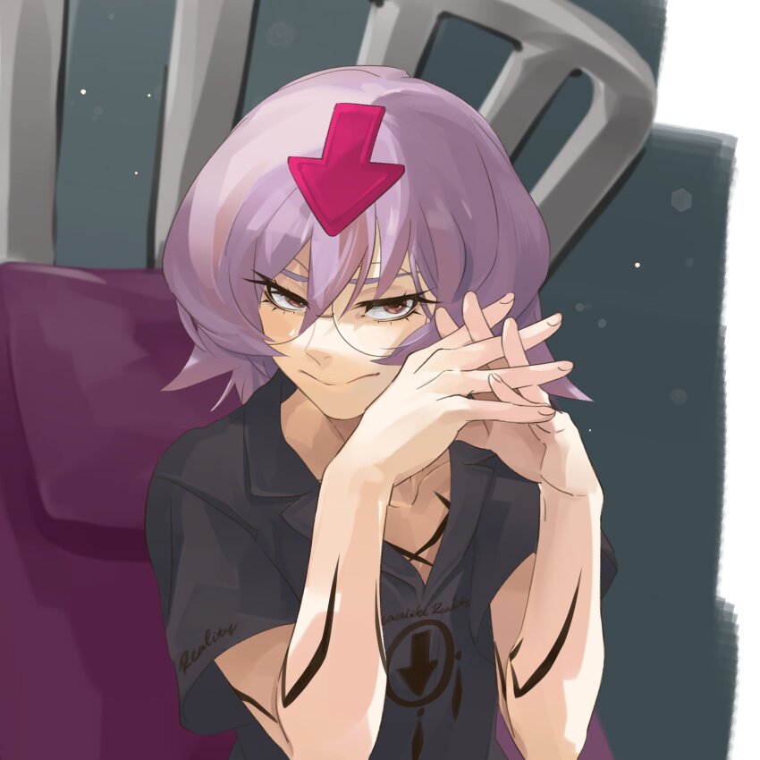 1boy absurdres arm_tattoo arrow_(symbol) bedman black_shirt evil_smile guilty_gear guilty_gear_xrd highres light_purple_hair looking_at_viewer male_focus medium_hair pierro_wpmp round_eyewear shirt short_sleeves smile tattoo yellow_eyes