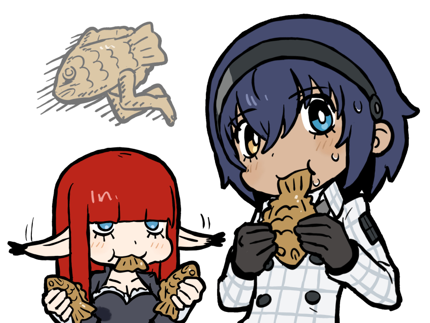 1boy 1girl black_gloves black_hairband blue_eyes blue_hair blunt_bangs breasts chibi cleavage dark-skinned_male dark_skin eating eyelashes food food_in_mouth gloves hairband heterochromia highres holding holding_food hulkenberg_(metaphor:_refantazio) long_hair long_sleeves looking_at_viewer metaphor:_refantazio pointy_ears protagonist_(metaphor:_refantazio) red_hair sach56000 simple_background sweat taiyaki wagashi white_background yellow_eyes