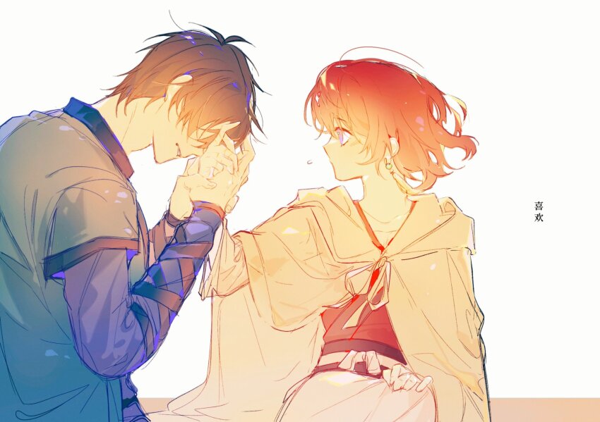 1boy 1girl akatsuki_no_yona black_hair blue_jacket earrings flying_sweatdrops from_side hak_(akatsuki_no_yona) hands_up hetero highres holding_hands humi_humi jacket jewelry long_sleeves looking_at_another no_eyes no_mouth parted_lips profile purple_eyes red_hair short_hair simple_background sitting tassel tassel_earrings white_background yellow_cloak yona_(akatsuki_no_yona)