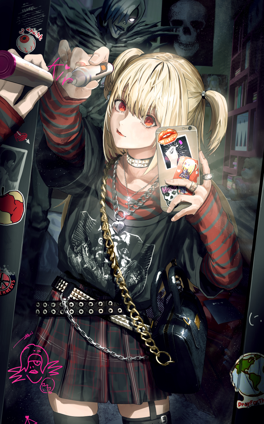 1girl absurdres amane_misa black_skirt blonde_hair blouse choker cross death_note earrings goth_fashion gothic_lolita highres holding holding_phone indoors jewelry lolita_fashion long_hair looking_at_viewer mirror necklace ossan_zabi_190 phone plaid_clothes plaid_skirt red_eyes reflection rem_(death_note) shinigami shirt skirt smile striped_clothes striped_shirt thighhighs two_side_up