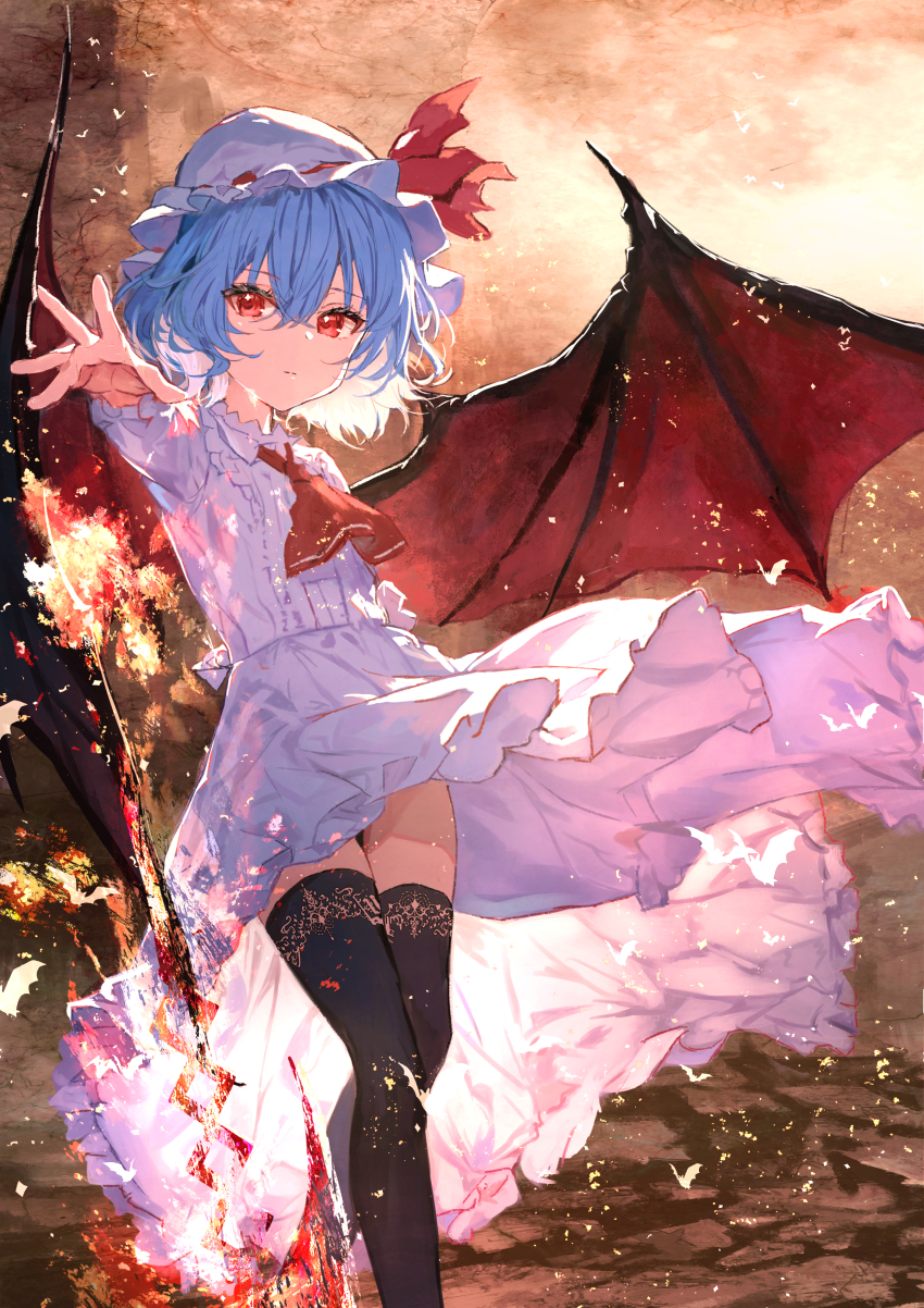 1girl absurdres adapted_costume ascot bare_legs bat_(animal) bat_wings black_thighhighs blue_hair bow closed_mouth collared_dress commentary_request dress expressionless feet_out_of_frame fire frilled_dress frilled_sleeves frills hat hat_bow highres ibushi_roun long_sleeves looking_at_viewer mob_cap outdoors outstretched_arm polearm red_ascot red_bow red_eyes red_wings remilia_scarlet shoes short_hair short_sleeves solo spear spear_the_gungnir standing sword thighhighs touhou weapon white_dress white_hat wings