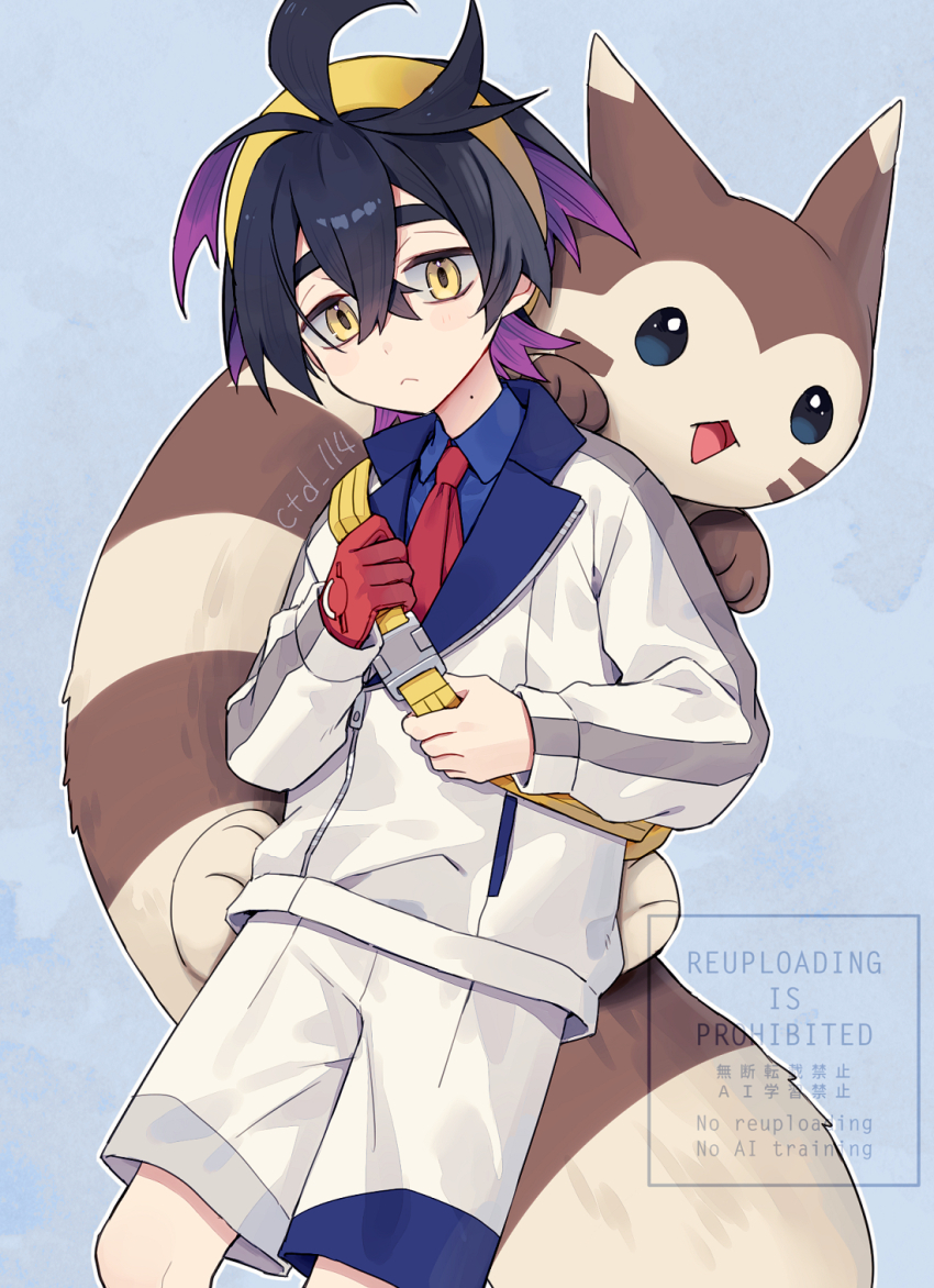 1boy black_hair blue_background blue_eyes blue_shirt closed_mouth collared_shirt commentary_request creatures_(company) ctd_114 furred_dragon furret game_freak gen_2_pokemon gloves hair_between_eyes hairband highres jacket kieran_(pokemon) long_sleeves male_focus mole mole_on_neck multicolored_hair nintendo open_mouth pokemon pokemon_(creature) pokemon_sv purple_hair red_gloves shirt shorts simple_background single_glove twitter_username white_jacket white_shorts yellow_eyes yellow_hairband