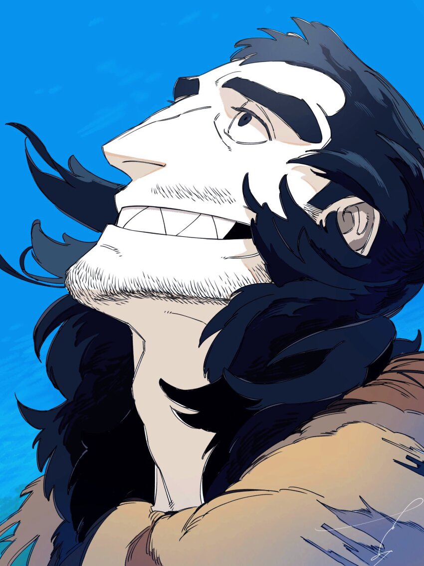 1boy adam&#039;s_apple aged_down aquiline_nose beard_stubble black_eyes black_hair day desha_(ousama_ranking) facial_hair highres huge_eyebrows looking_up male_focus medium_hair mullet muscular muscular_male mustache_stubble ousama_ranking portrait profile sanpaku sashimi_oran sharp_teeth solo stubble teeth