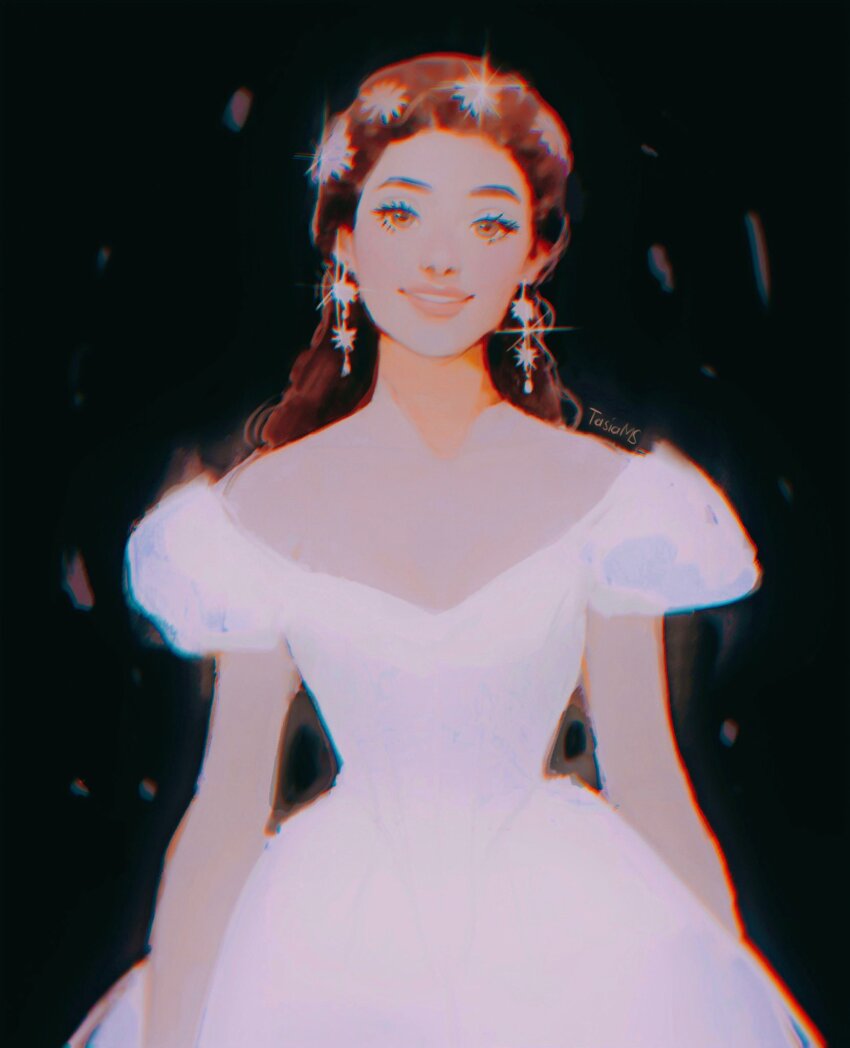 1girl artist_name black_background brown_eyes brown_hair christine_daae chromatic_aberration commentary cowboy_shot dress earrings half_updo highres jewelry long_hair looking_at_viewer phantom_of_the_opera puffy_short_sleeves puffy_sleeves short_sleeves smile solo sparkle tasiams white_dress