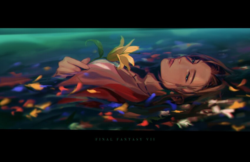 1girl absurdres aerith_gainsborough black_border border breasts brown_hair dress final_fantasy final_fantasy_vii final_fantasy_vii_remake flower green_eyes half-closed_eyes highres holding holding_flower jacket letterboxed lily_(flower) long_hair maobabie medium_breasts parted_bangs partially_submerged pink_dress red_jacket sidelocks solo yellow_flower