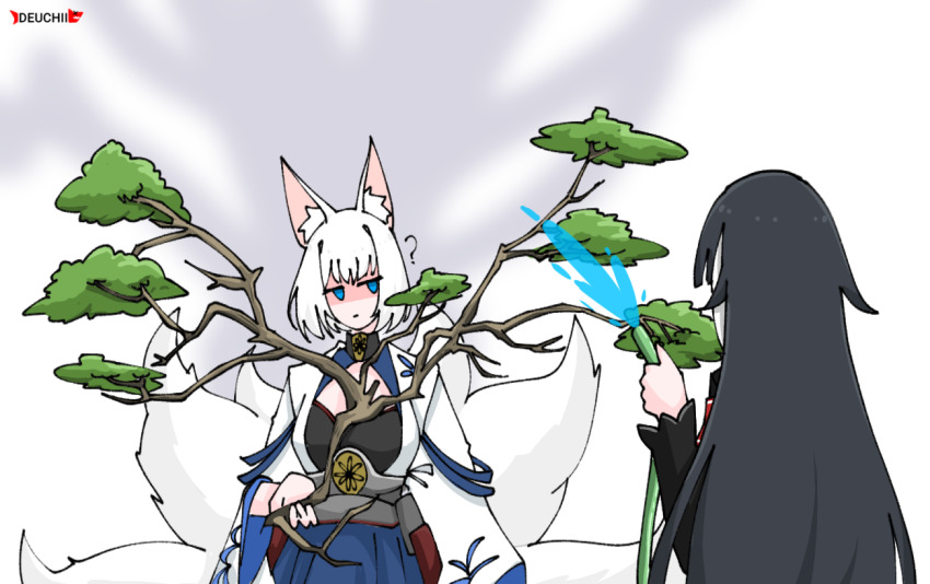 animal_ears azur_lane bonsai branch deutschland_(azur_lane) fox_ears japanese_clothes kaga_(azur_lane) kimono kitsune metal_belt multiple_tails tail white_kimono