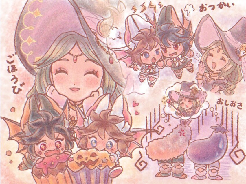 1girl 2boys animal_ears bat_ears bat_wings blue_eyes chibi cupcake dark_pit eating eggplant food forehead_jewel green_hair halloween halloween_costume hat kid_icarus kid_icarus_uprising laughing multiple_boys nintendo palutena pit_(kid_icarus) shrimp shrimp_tempura siblings suruga_kanade sweets tempura twins wings witch witch_hat