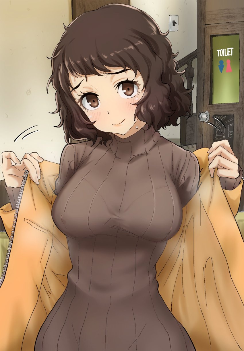 1girl blush bra_visible_through_clothes breasts brown_eyes brown_hair brown_sweater door covered_erect_nipples eyelashes highres indoors jacket kawakami_sadayo kurosususu light_switch long_sleeves medium_breasts open_clothes open_jacket persona persona_5 ribbed_sweater short_hair smile solo stairs sweat sweater toilet_symbol turtleneck turtleneck_sweater wavy_hair yellow_jacket