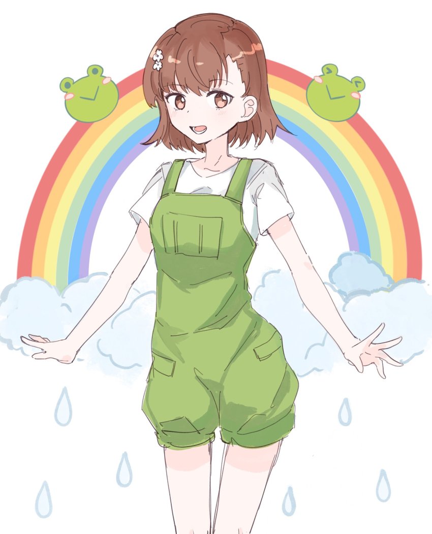 1girl bad_id bad_twitter_id brown_eyes brown_hair cloud commentary cowboy_shot dungarees frog green_overalls hair_ornament highres looking_at_viewer lower_teeth_only misaka_mikoto open_mouth overalls rain rainbow shirt short_hair short_sleeves solo symbol-only_commentary teeth toaru_kagaku_no_railgun toaru_majutsu_no_index weyiyuntfn white_shirt