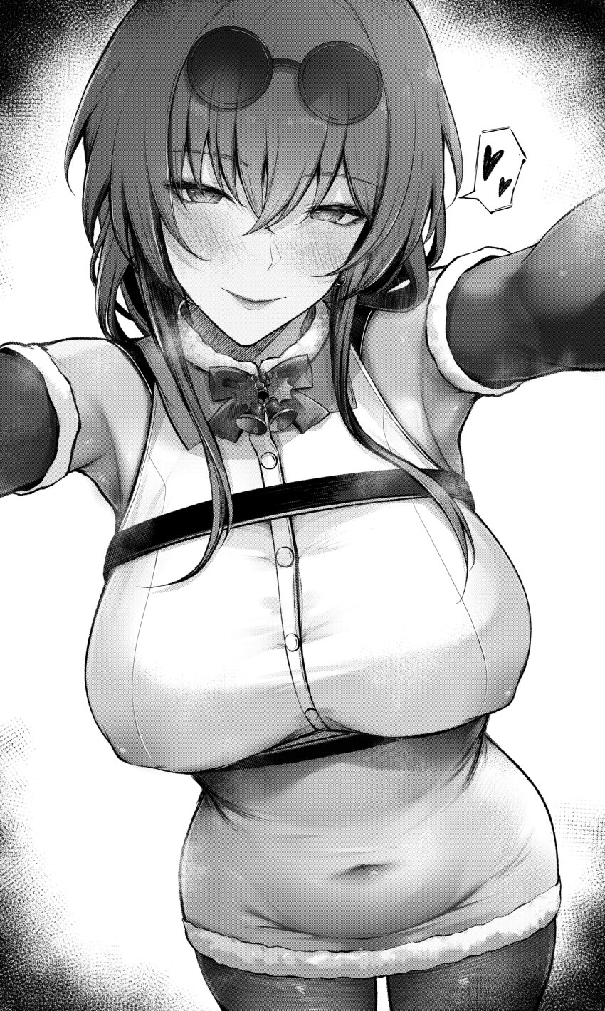 1girl absurdres aisutei alternate_costume armpits bell blush bow bowtie breasts closed_mouth commentary_request covered_erect_nipples covered_navel cowboy_shot dress eyewear_on_head fur-trimmed_dress fur_trim glasses greyscale hair_between_eyes heart highres honkai:_star_rail honkai_(series) kafka_(honkai:_star_rail) large_breasts long_hair looking_at_viewer monochrome pantyhose pince-nez reaching reaching_towards_viewer round_eyewear smile solo spoken_heart sunglasses