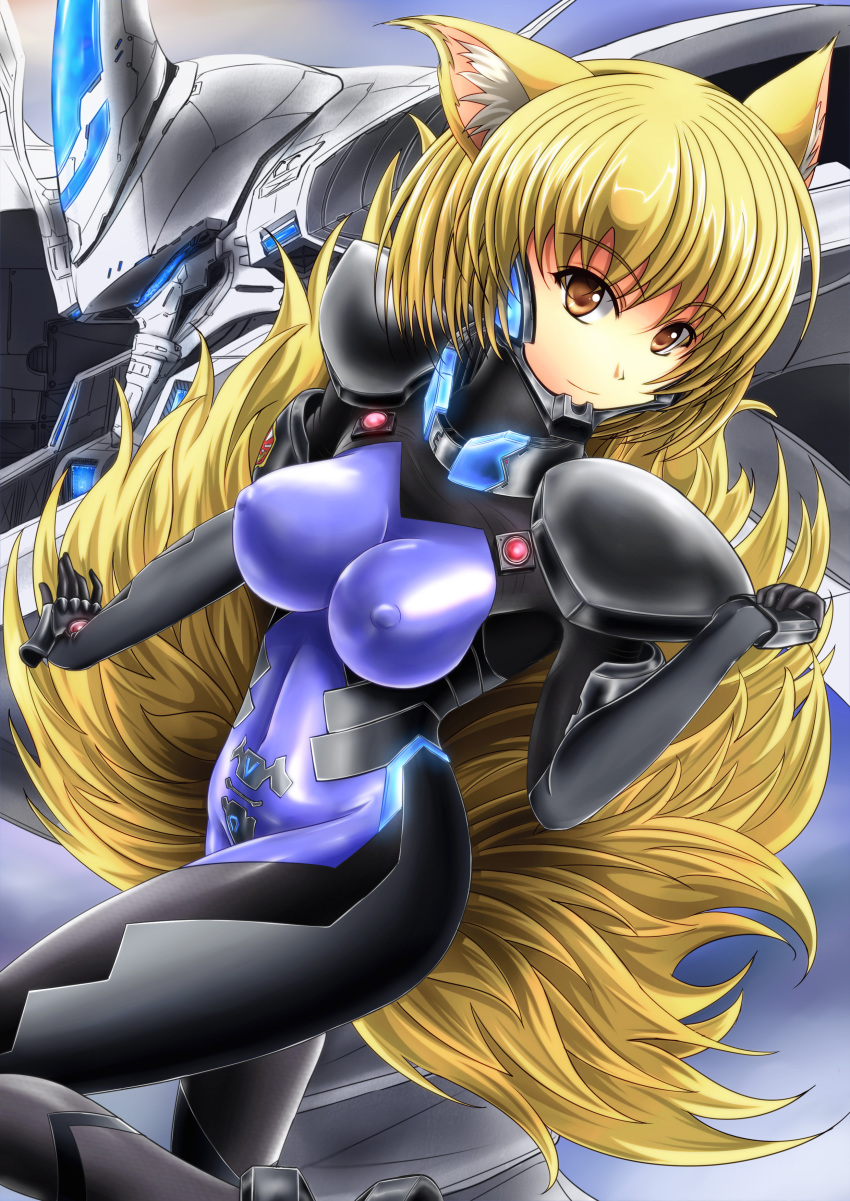 1girl absurdres alternate_costume animal_ears blonde_hair bodysuit breasts brown_eyes closed_mouth covered_erect_nipples crossover eyebrows female_focus fortified_suit fox_ears fox_tail highres large_breasts long_hair looking_at_viewer machinery mecha mecha_pilot_suit muv-luv outstretched_arms pilot_suit robot sangyou_haikibutsu_a short_hair skin_tight smile solo tail takemikaduchi tooth touhou very_long_hair yakumo_ran