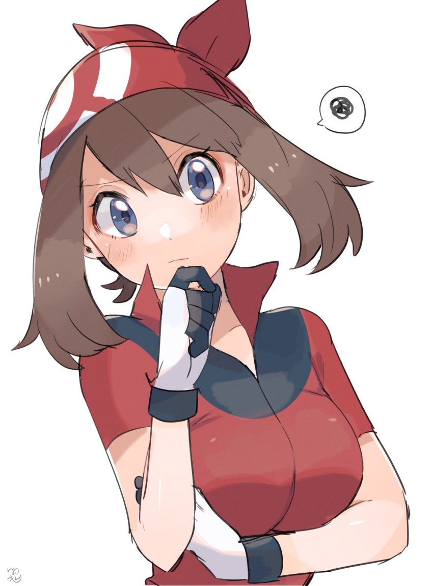 1girl bandana blouse blush breasts brown_hair closed_mouth collared_shirt commentary_request creatures_(company) eyelashes game_freak gloves grey_eyes hand_on_own_chin hand_up highres may_(pokemon) medium_hair nintendo pokemon pokemon_rse red_bandana red_shirt ririmon shirt short_sleeves signature simple_background solo spoken_squiggle squiggle stroking_own_chin thinking upper_body white_background white_gloves