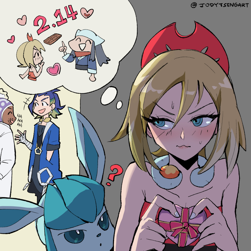 2boys ? absurdres adaman_(pokemon) akari_(pokemon) blonde_hair blue_eyes blue_hair blush candy chocolate chocolate_heart collarbone creatures_(company) dark-skinned_male dark_skin eyebrow_cut food game_freak gen_4_pokemon glaceon heart heart-shaped_food highres irida_(pokemon) jody_tseng laventon_(pokemon) multicolored_hair multiple_boys nintendo pokemon pokemon_(creature) pokemon_legends:_arceus shirt strapless strapless_shirt sweat two-tone_hair valentine wavy_mouth white_nails