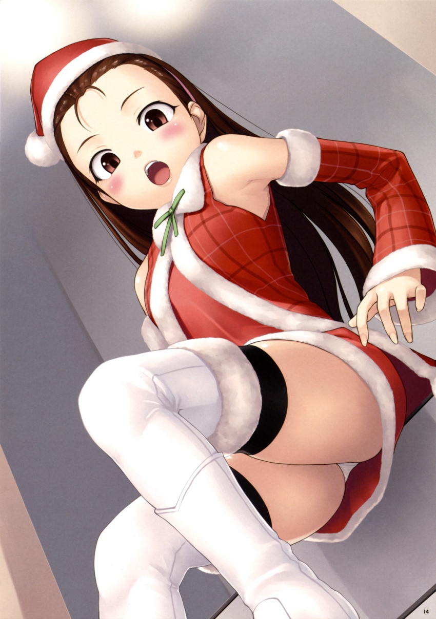 00s 1girl :o bare_shoulders boots brown_eyes brown_hair detached_sleeves dutch_angle female_focus hat highres idolmaster idolmaster_(classic) long_hair minase_iori open_mouth panties pantyshot santa_hat solo tanaka_shoutarou thigh_boots thighhighs underwear white_panties