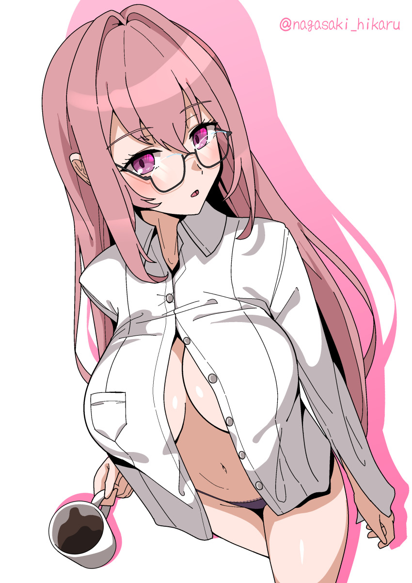 1girl absurdres artist_name black_panties blush breasts cowboy_shot cup from_above glasses hair_between_eyes highres holding holding_cup large_breasts long_hair navel open_mouth panties partially_unbuttoned pink_hair shirt sidelocks solo stomach theakingu tsukishiro_yanagi underwear white_shirt zenless_zone_zero