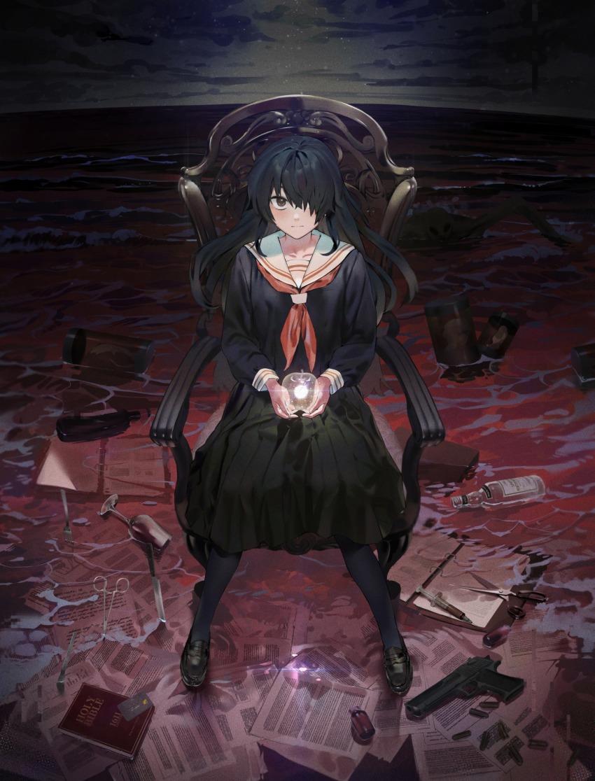 1girl bible_(object) black_hair black_serafuku chair cup desert_eagle drinking_glass duplicate gun hair_over_one_eye handgun highres holding izumozaki_neneko kitou_sakeru knife long_hair ocean pixel-perfect_duplicate school_uniform scissors serafuku shironagasu-tou_e_no_kikan sitting syringe water waves weapon wine_glass